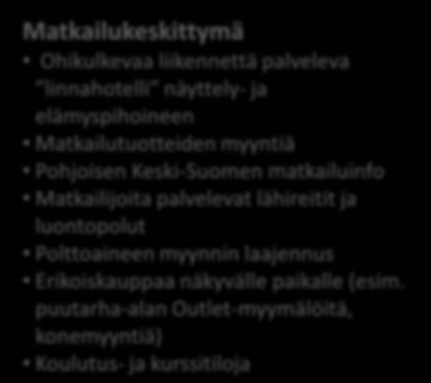 Hirvimäki kehittämispotentiaali Matkailukeskittymä Ohikulkevaa liikennettä palveleva linnahotelli näyttely- ja elämyspihoineen Matkailutuotteiden myyntiä Pohjoisen Keski-Suomen matkailuinfo