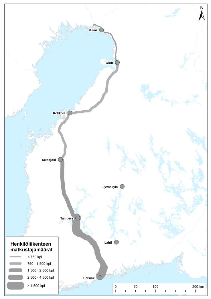 15 Kuva 14. Henkilöliikenteen matkustajamäärät erikseen Suomikäytävän rataverkolla sekä koko Suomen rataverkolla vuonna 2013 (Liikennevirasto 2014a).