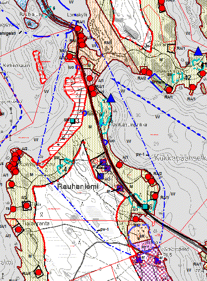 Kuva 7.2.3. Ote Saimaa-Siikajärvi -alueen rantaosayleiskaavasta Rauhaniemen pohjavesialueella. Taulukko 7.2.3. Saimaa-Siikajärvi -alueen rantaosayleiskaavan pohjaveden suojelun kannalta oleelliset kaavamerkinnät ja -määräykset.