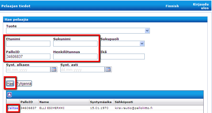 PELAAJAN TIEDOT Pelaajan tiedoissa saat haettua pelaajia nimellä / PalloID:llä /