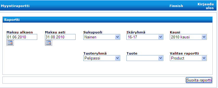 MYYNTIRAPORTTI Myyntiraportista saa Excel- ja PDF muodossa pelipasseista / vakuutuksista