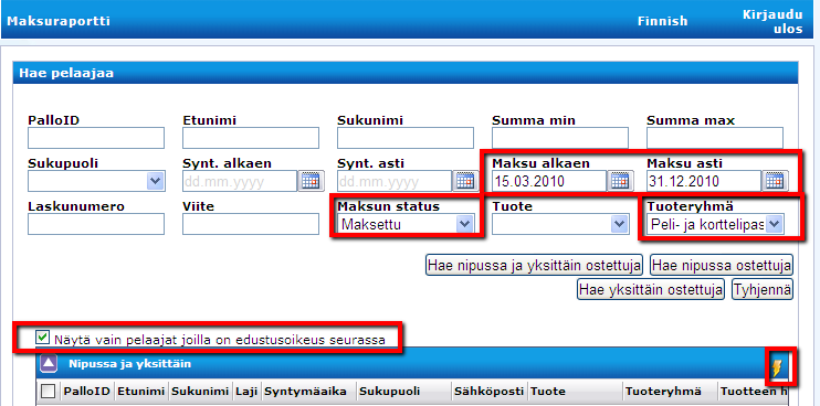 MAKSURAPORTTI Maksuraportista saat haettua 2010 ja sen jälkeen maksettujen pelaajien pelipasseja / vakuutuksia.