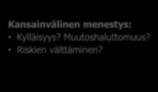 Onko meistä tullut oman menestyksemme vankeja? Kasvu/ Hyvinvointi Kansainvälinen menestys: Kylläisyys? Muutoshaluttomuus? Riskien välttäminen? Konsensushakuisuus: Tunnelinäkö?