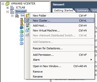 38 4.3 Klusterin luominen VMware vcenteriin ja palvelimen lisääminen klusteriin Klusterin luomistyökalu löytyy vcenter:istä datacenterin valikosta (kuva 21).
