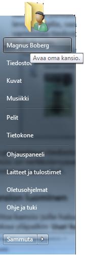 Windows 7 22 (37) Käyttäjän kotikansio Omaan kotikansioon (Omat tiedostot) pääsee Käynnistä valikon Avaa oma kansio painikkeella.