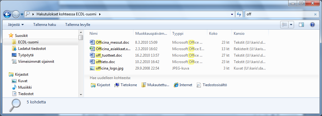 Tiedostojen ja kansioiden hakeminen Windows 7 25 (37) 1. Valitse kansio josta haluat hakea tiedostoja. Haku otetaan myös mukaan valitun kansion alikansiot ja niiden sisältö. 2. Kirjoita hakusanat resurssienhallinnan oikeassa yläkulmassa olevaan hakuruutuun.