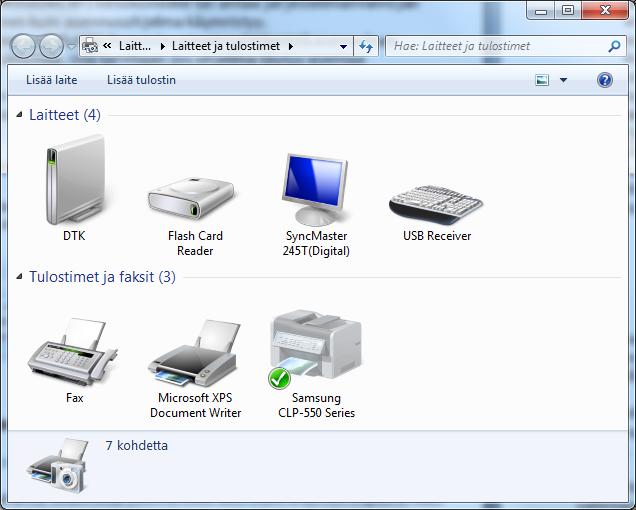 Windows 7 27 (37) Tulostuksen hallinta Käytettävissä olevat tulostimet Käynnistä-valikon Laitteet ja tulostimet vaihtoehto.