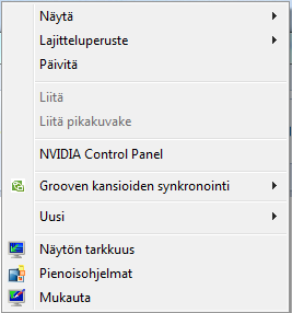 oikealla painikkeella työpöydän päällä. Valitse pikavalikosta komento Mukauta. Klikkaa avautuvan ikkunan alaosassa olevaa Työpöydän taustakuva-linkkiä.