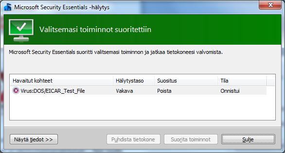 Windows 7 36 (37) Viruksentorjuntaohjelman toiminta Torjuntaohjelma tarkistaa tietokoneelle ladattavat tiedostot ja eri ohjelmilla avattavat tiedostot.