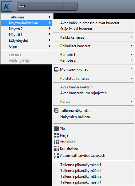 Kuva 2.2: Näyttö-valikko. Avaa kaikki olemassa olevat kamerat Avaa kaikki paikalliset ja etäyhteyskamerat. Sulje kaikki kamerat Sulje kaikki paikalliset ja etäyhteyskamerat.
