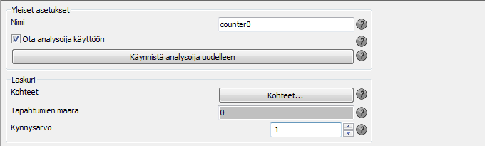Kuva 10.10: Ansalangan asetukset. 10.6 Laskuri Laskuri laskee tapahtumia muista analysoijista. Kun laskuri saavuttaa määrätyn arvon tästä annetaan tapahtuma. (Kuva 10.11) Kuva 10.