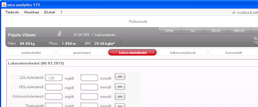 Jos tälle ohjelmalle on konfiguroitu liittymä potilastietojen hallintajärjestelmään (PDMS), PDMS-järjestelmästä voidaan siirtää potilas- ja laboratoriotietoja.