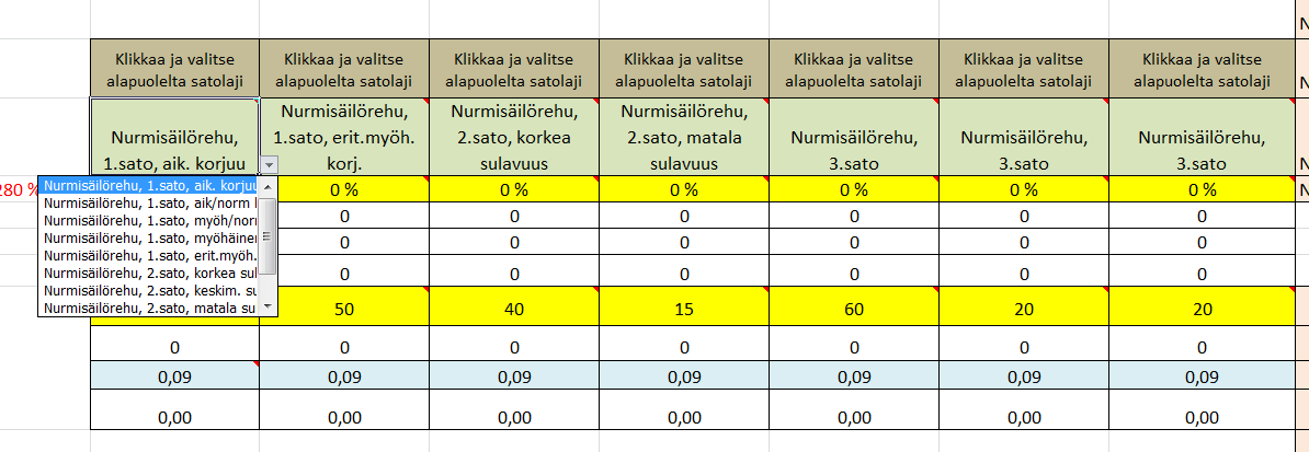 11 1.2 Itsetehty säilörehu satolajeittain (kuva 6) Klikkaamalla vihreällä merkittyjä säilörehun satolaji-soluja (kuva 6 kohta 1.