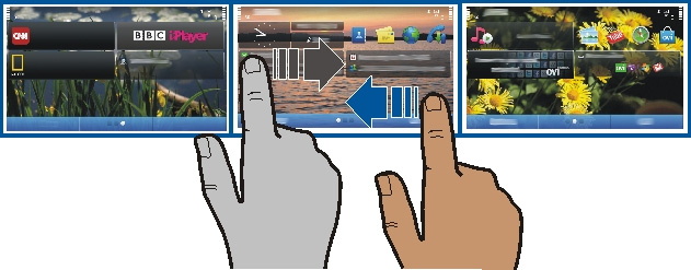 Mukauttaminen ja Ovi Kauppa 37 Kun haluat vaihtaa toiseen aloitusnäyttöön, pyyhkäise näyttöä vasemmalle tai oikealle. tarkoittaa käytössä olevaa aloitusnäyttöä.