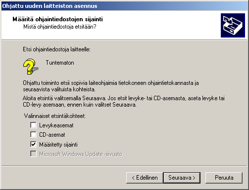 4 Valitse [Etsi laitteelle sopiva ohjain (Suositus)] valintaikkunasta [Ohjattu uuden laitteiston asennus] ja napsauta [Seuraava].