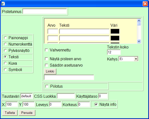 18 Kuvio 15. FxHTMLEditor, Teksti 3.3.3.4.1 Poikkeustapauksia Jos halutaan hakea päivämäärä ja aika säätimeltä ja esittää se kuvassa, voidaan käyttää hyväksi teksti-alkiota.