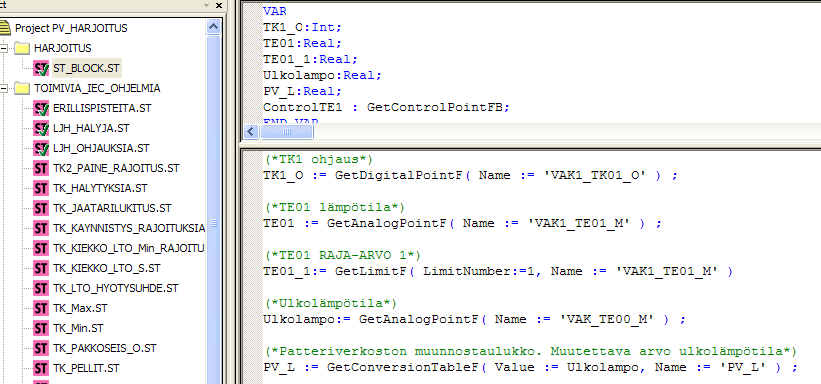 28 Kuvio 26. OpenPCS, Säätöpisteen haku 3.4.3.3 Variable table Jokainen muuttuja täytyy lisätä OpenPCS-ohjelmointityökalussa erilliseen variable table osioon.