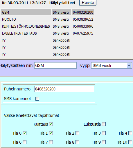 48 3.5.4.9 Hälytyslaitteet Hälytyslaitteelle annetaan nimi ja tyyppi. Useimmin käytetty hälytyslaitteen tyyppi on GSM-tekstiviesti hälytysrobotin kautta.