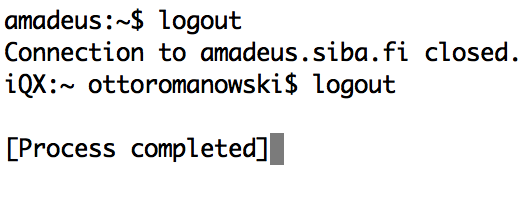 Etäyhteyden katkaisu, poistuminen (logout) Kirjoita komentorivillä komento logout ja palaat takaisin omalle koneelle.