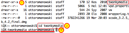 Esimerkki cd-komennosta Minulla on hakemistolistauksessa näkyvillä kansio nimeltä twonkymedia, joten kirjoitin komennon: cd twonkymedia Uusi kehoterivi kertoo minun nyt olevan iqx-hakemiston