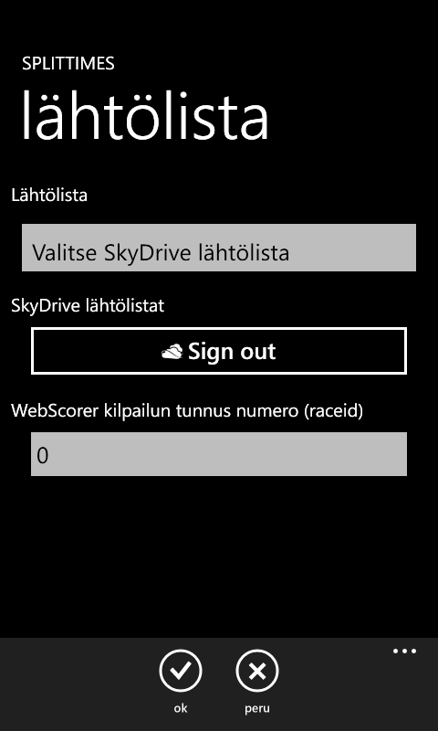 9.3 Lista SkyDrive-palvelun lähtölistoista Ohjelma lataa Lähtölista -valintalistaan SkyDrive-palvelusta löytyvät lähtölistat.