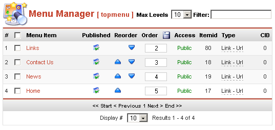 KUVIO 45: Eiran sairaalan leikkausosastolle tehdyn perehdytysohjelman käyttöalustana olevan Joomla-julkaisujärjestelmän Menu Manager -sivun Menu Items -valikko.