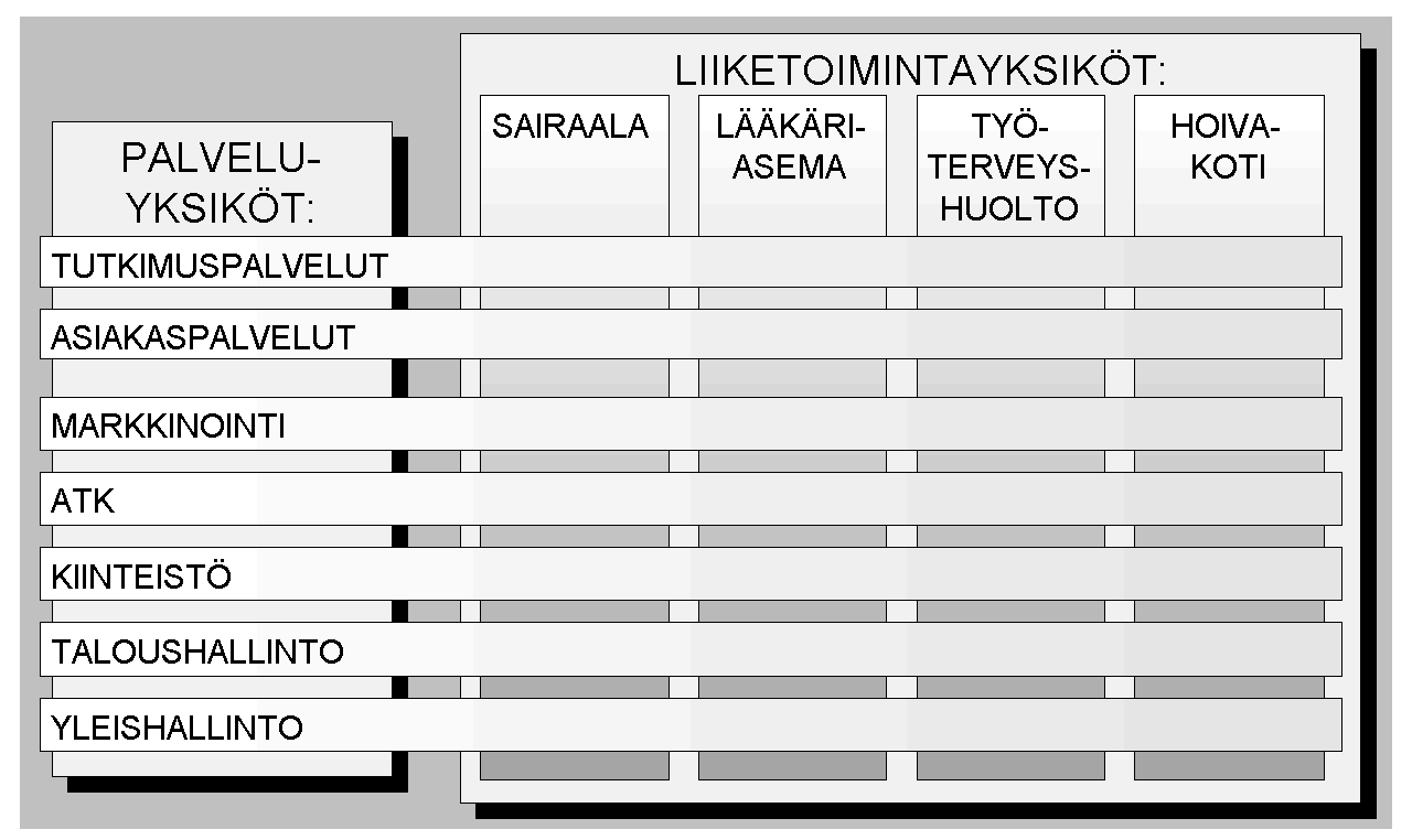 KUVIO 15: Periaatekuva Eiran sairaalan leikkausosaston perehdytysohjelman tekemisen taustaksi selvitetyt organisaatiorakenteet.