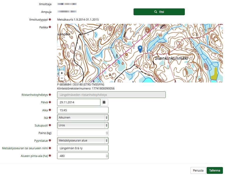 Saalisilmoituslomake (karhu) Ampuja voidaan kirjata metsästyskortin numerolla Paikka klikataan kartalle Koordinaatit, kiinteistörekisterinumero ja riistanhoitoyhdistys tulevat automaattisesti