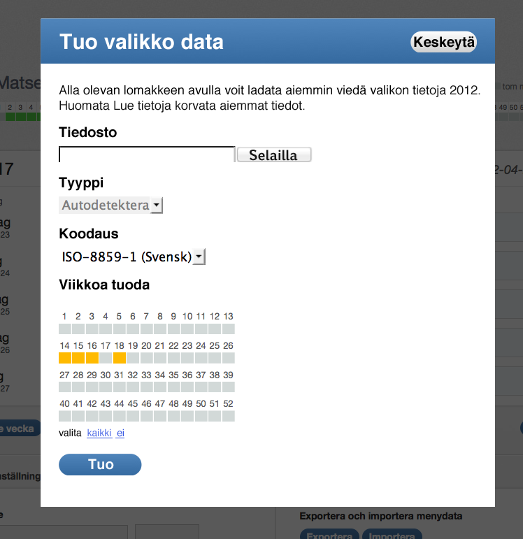 Käyttöohjeet Kun ruokalista on viety csv-tiedostoon, sen tiedot voidaan tuoda toiseen ruokalistaan. Toimi näin: Napsauta lisätoiminnoista Tuo-painiketta.