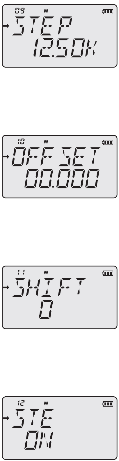 Paina [MENU/LOCK],käännä myötäpäivään tai vastapäivään [DIAL], valitse MENU [09] STEP. Paina [MENU/LOCK],käännä myötäpäivään tai vastapäivään [DIAL], valitse MENU [10] OFFSET.