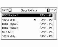 136 Infotainment-järjestelmä Huomautus Seuraavat FM-näytöt ovat esimerkkejä. Navi 600 Paina CONFIG-painiketta. Valitse Radioasetukset ja sitten Radiosuosikit.