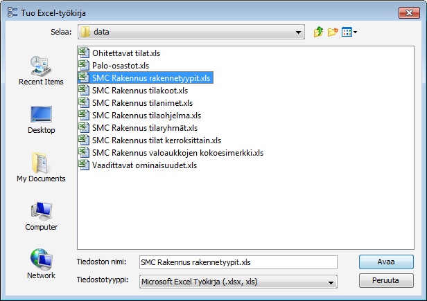 Esimerkki 2: Taulukko-datan tuontitehtävät Toinen esimerkki tehtävästä on taulukkotyyppisen datan (esim. Excel-tiedostosta) tuontitehtävä.