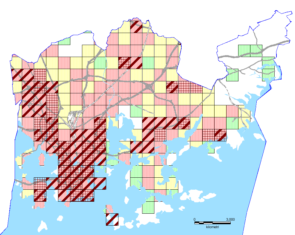 Erotellaan korkeimmat henkilö- ja omaisuusvahinkoriskit Ruudut luokiteltiin vahinkoriskiarvojen perusteella luokkiin, tarkoituksena visualisoida tulokset kartalla ja saada aineistosta erottumaan