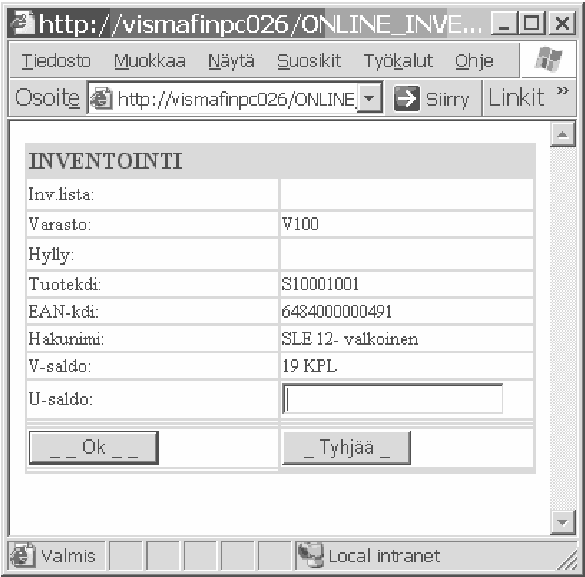Varastopaikan uusi saldo syötetään ja tallennetaan OK painikkeella Samalla inventaarilistalla voidaan tallentaa myös muita tuotteiden varastosaldoja.