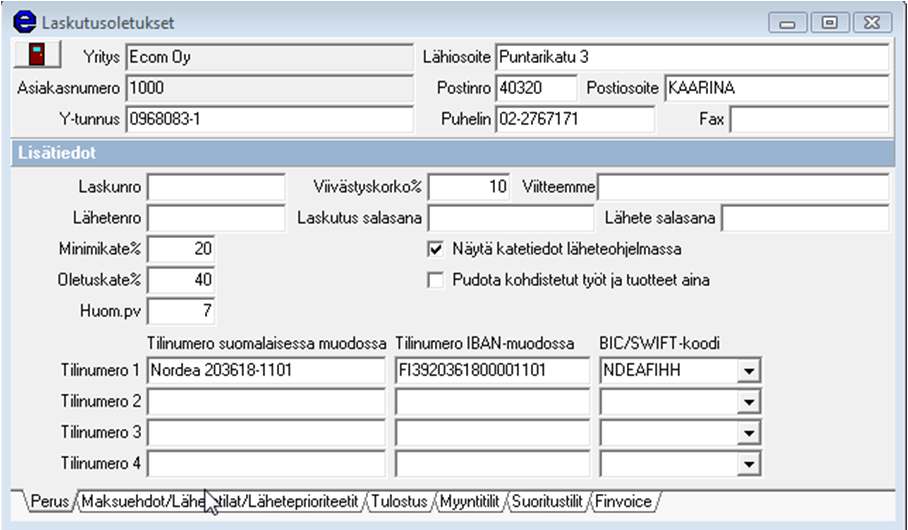 1.26 Tilinumerot laskulomakkeelle Laskulle tulostettavat tilinumerot kirjataan tähän ikkunaan.