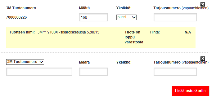 2. PIKATILAUS Valitse hakukriteeri 7000000226 160 Valitse hakukriteeri ja syötä tilattavan tuotteen tuotenumero (esimerkissä yllä) sekä määrä.