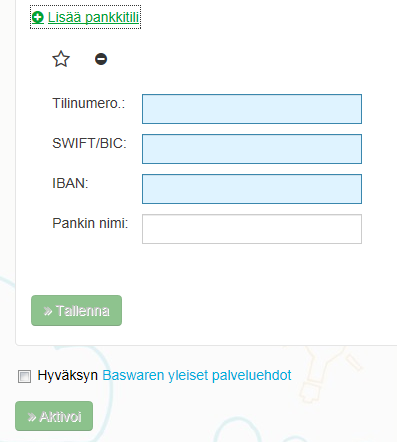 Lisää yrityksesi y-tunnus ja yhteyshenkilö. Lisää tämän jälkeen pankkitilitiedot.