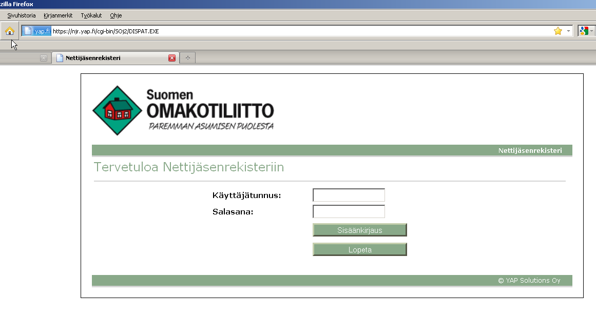 1. Jäsenrekisteriin kirjautuminen Avaa internet ja kirjoita selaimen osoitekenttään: https://njr.yap.fi/cgi-bin/soj2/dispat.exe Tai kirjaudu sisään www.omakotiliitto.