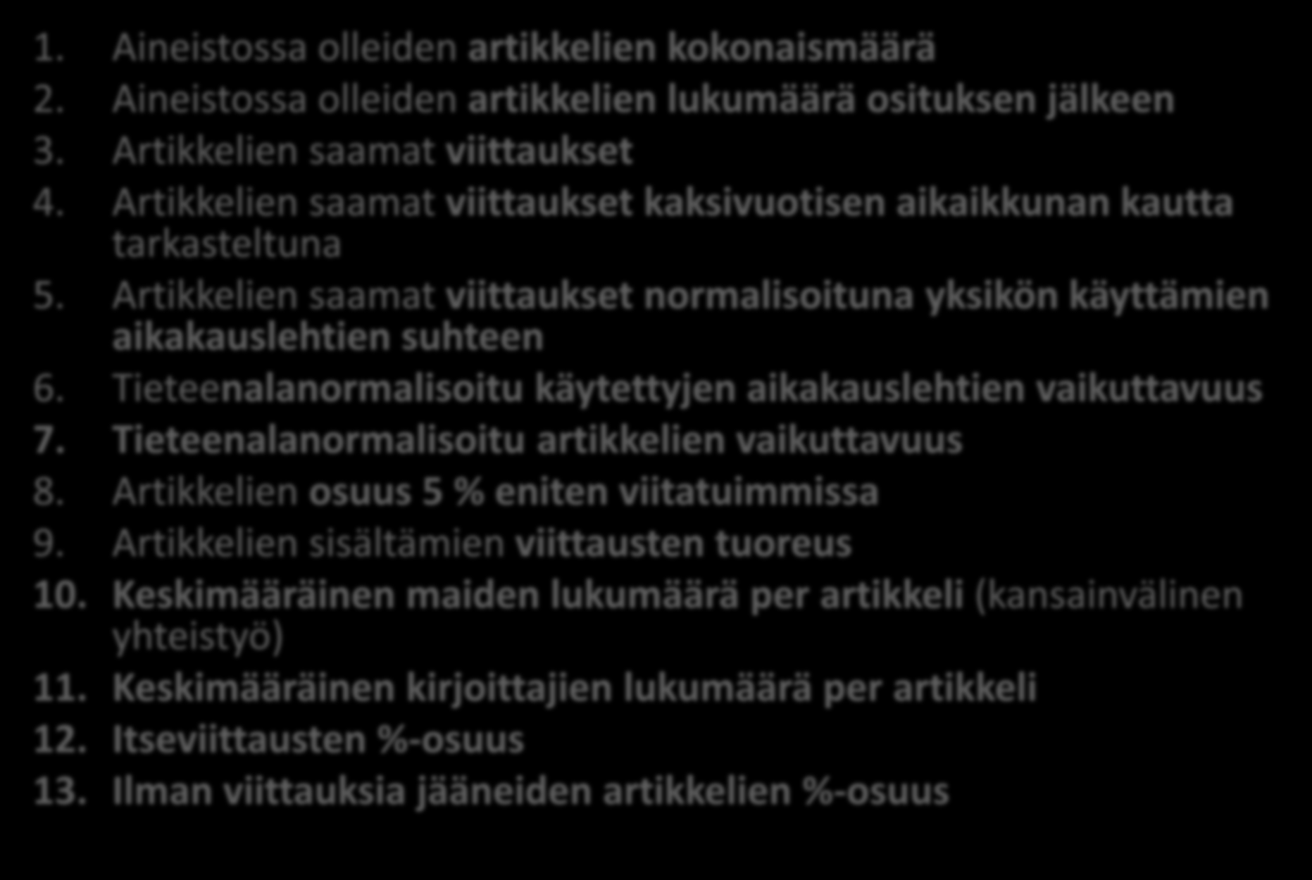 LIITE 2. LTY: bibliometrisen analyysin indikaattorit 1. Aineistossa olleiden artikkelien kokonaismäärä 2. Aineistossa olleiden artikkelien lukumäärä osituksen jälkeen 3.