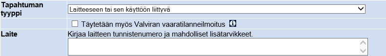 Ilmoittajan ohje 4(12) Valitse valikosta tapahtumapaikka (tapahtumapaikkaluettelo voi olla hieman erilainen kuin tässä esimerkissä, sitä päivitetään tarvittaessa). Valitse valikosta tapahtuman tyyppi.