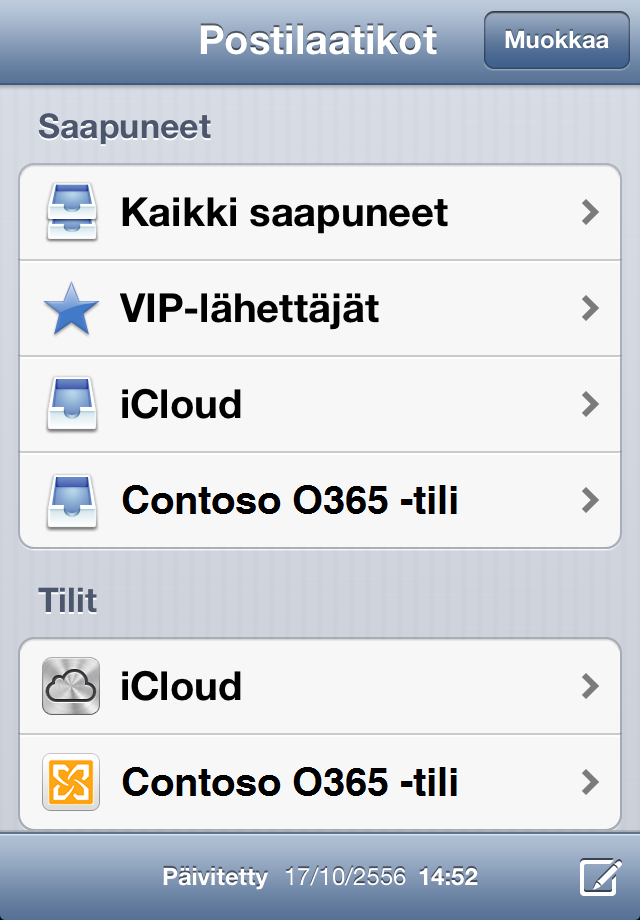Sähköpostin käyttäminen Kun Office 365 -sähköpostitili on määritetty iphoneen tai ipadiin, se toimii aivan samalla tavalla kuin mikä tahansa muu laitteessa oleva sähköpostitili.