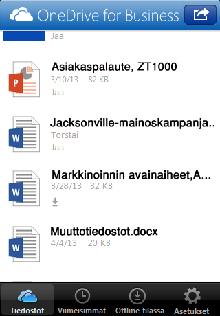 OneDrive for Business for Office 365 subscribers - sovelluksen käyttäminen Kun olet kirjautunut sisään, OneDrive for Business -tiedostot ja -kansiot tulevat näkyviin, joten pääset heti käyttämään