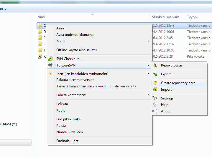 Rakenteen luonti Kun TortoiseSVN on asennettu koneelle, voidaan jossain hakemistossa klikata hiiren
