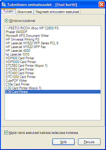 8. Korttien tulostaminen 8.1 Tulostimen asetukset Tulostimen valinta. File->Priter options Listassa näkyvät kaikki käyttöjärjestelmään asennetut tulostimet.