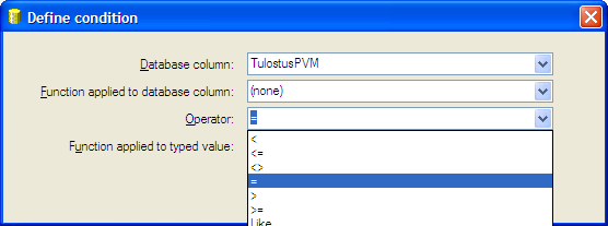 Edit->Add Condition Database column kohtaan valitaan tietokannan kenttä jolle ehtolause luodaan.