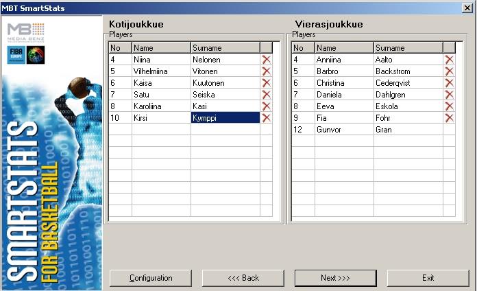 Varmista, että ottelun kokoonpanossa voi olla vain 12 pelaajaa (asetusvalintoihin pääset painamalla Configuration ; ks. kohta 2.2.1); jos pelaajia jää kokoonpanoon enemmän kuin 12, et pysty tulostamaan ottelutilastoa (Media Boxscore) oikein.