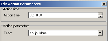 4.3.10 Aikalisä, Timeout Aikalisästä voidaan muuttaa: tapahtuma-aika = Action time joukkue = Team 4.3.11 Muut Tapahtumien muuttamisen lisäksi voi muuttaa muitakin kuin edellä mainittuja tapahtumia, kuten erän aloittamien tai lopettaminen, mutta näiden tapahtumien muuttamista ei suositella.