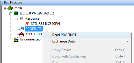 2.8 Profinet -laitteiden lukeminen Valitse Bus Structure ikkunasta kohta PROFINET ja avaa valikko painamalla sitä hiiren oikealla