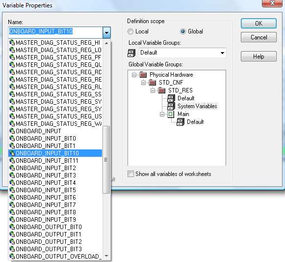 Kohdasta Definition Scope aktivoi valintaikkuna Global Valitse Global Variable Groups ikkunasta System Variables Valitse kohdasta