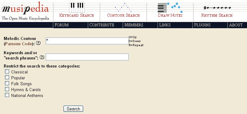 Kuva 5. Musipedian etusivu 21.2.2008. Musipedian melodiahahmoon perustuvassa haussa (kuva 6) hakuja voidaan syöttää kahdella tapaa, Parson-koodilla tai hakusanoilla.